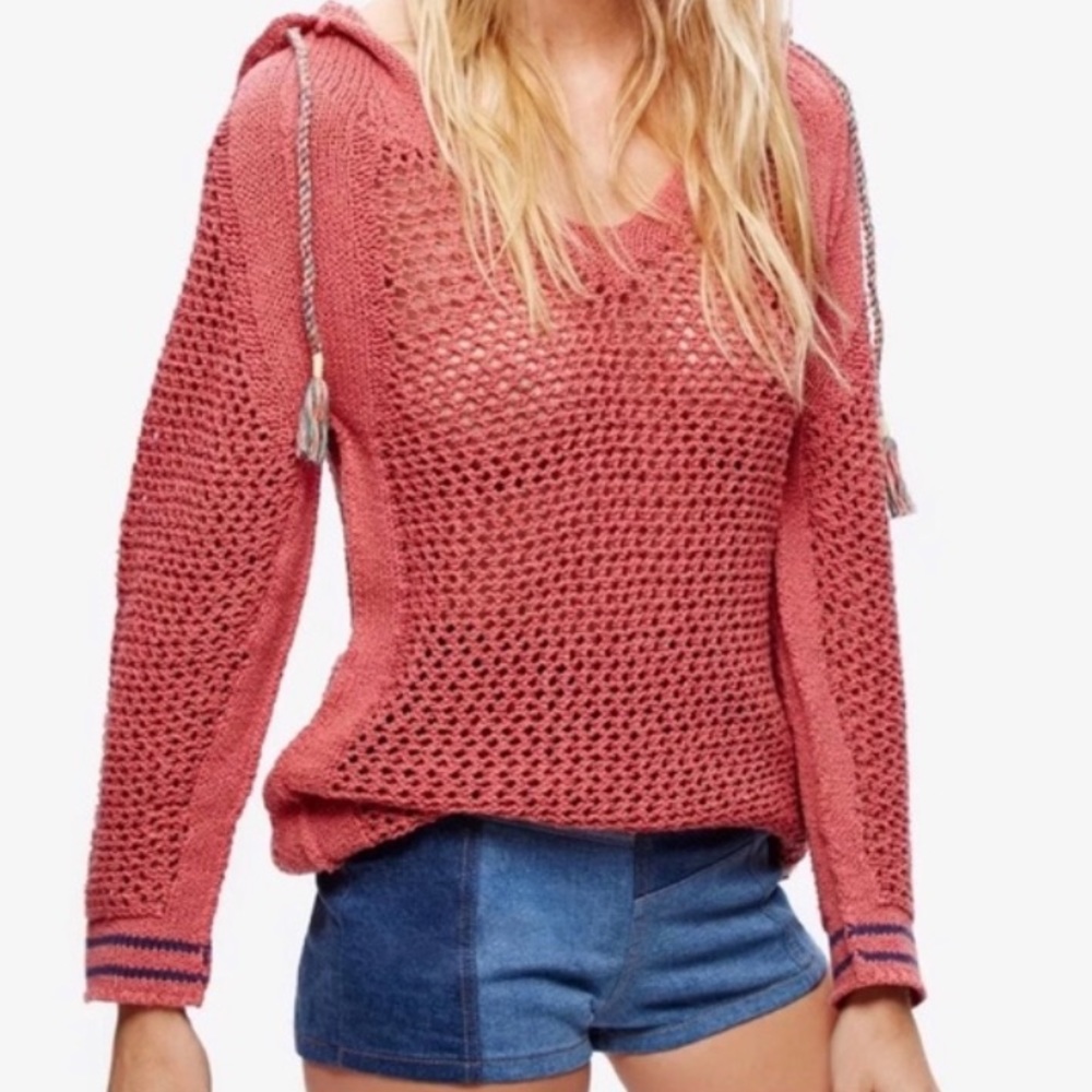 Free People Knit crochet hoodie cover up sweater
